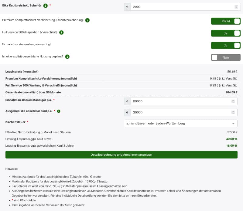 Leasingrechner für Selbstständige von dein-jobbike.de