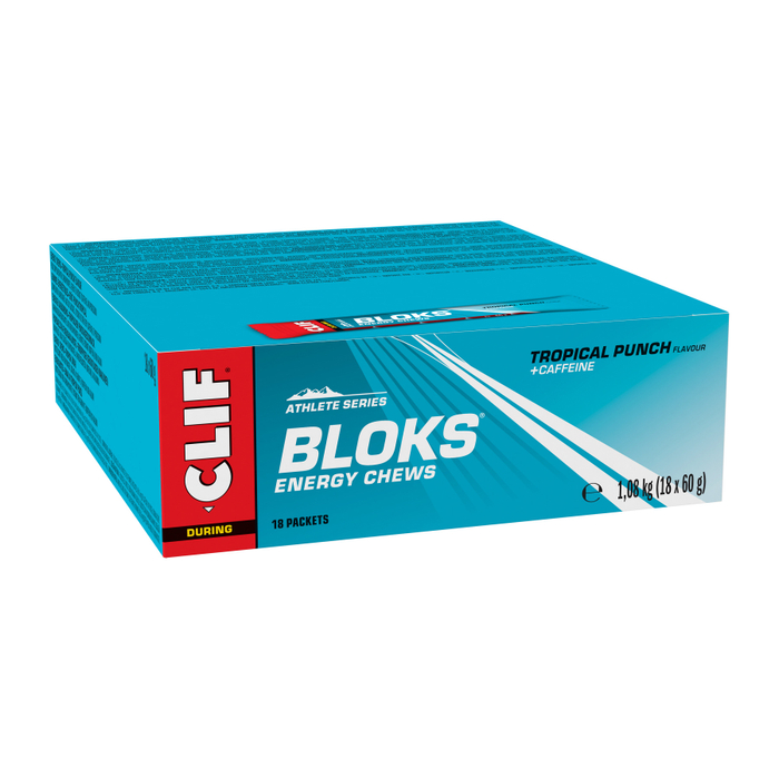 Clif Bloks Kohlenhydrat-Elektrolyt-Kaubonbon Box (18 x 60 g) Tropische Früchte