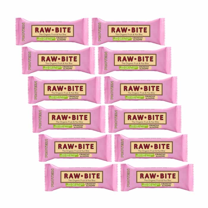 Raw Bite The Organic Fruit Nut Bite Protein Eiweißriegel vegan Box (12 x 45 g) Crunchy Almond