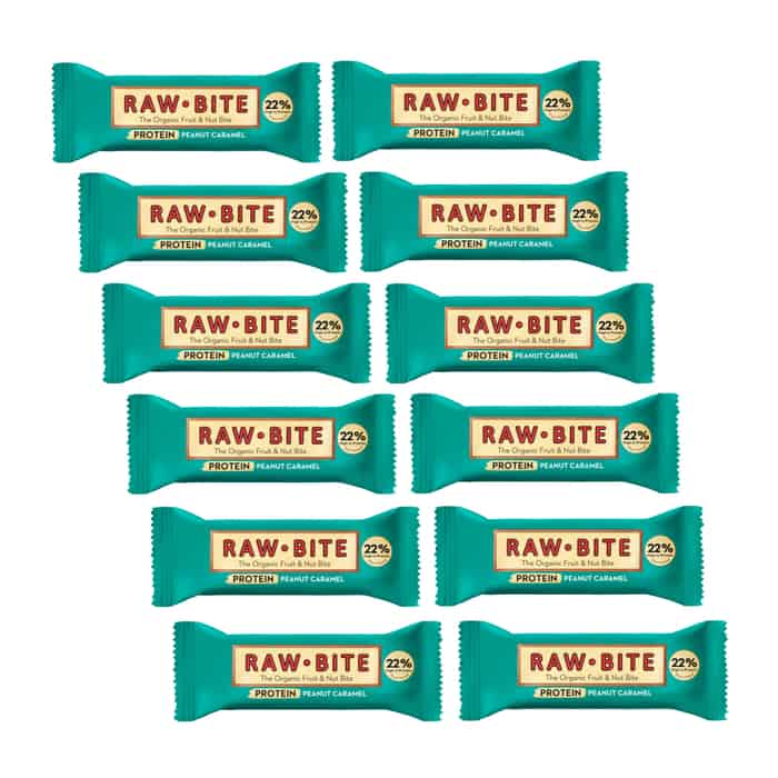 Raw Bite The Organic Fruit Nut Bite Protein Eiweißriegel vegan Box (12 x 45 g) Peanut Caramel