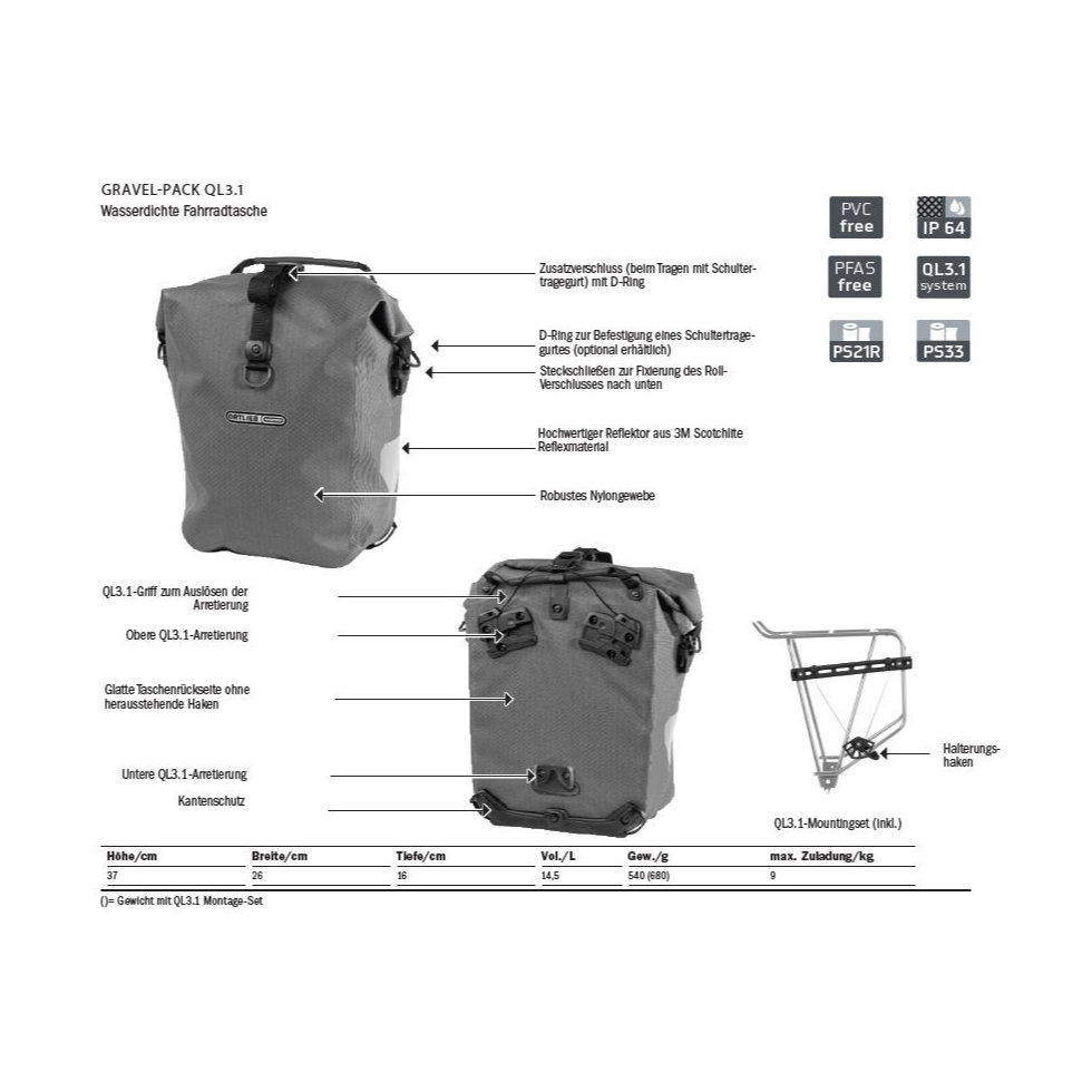 Ortlieb Gravel-Pack QL3.1 Fahrradtasche vorne