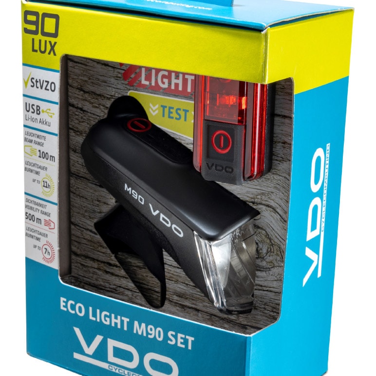 VDO Eco Light M90 Fahrrad-Scheinwerfer + Eco Light Red Plus Fahrrad-Rücklicht mit Bremslichtfunktion