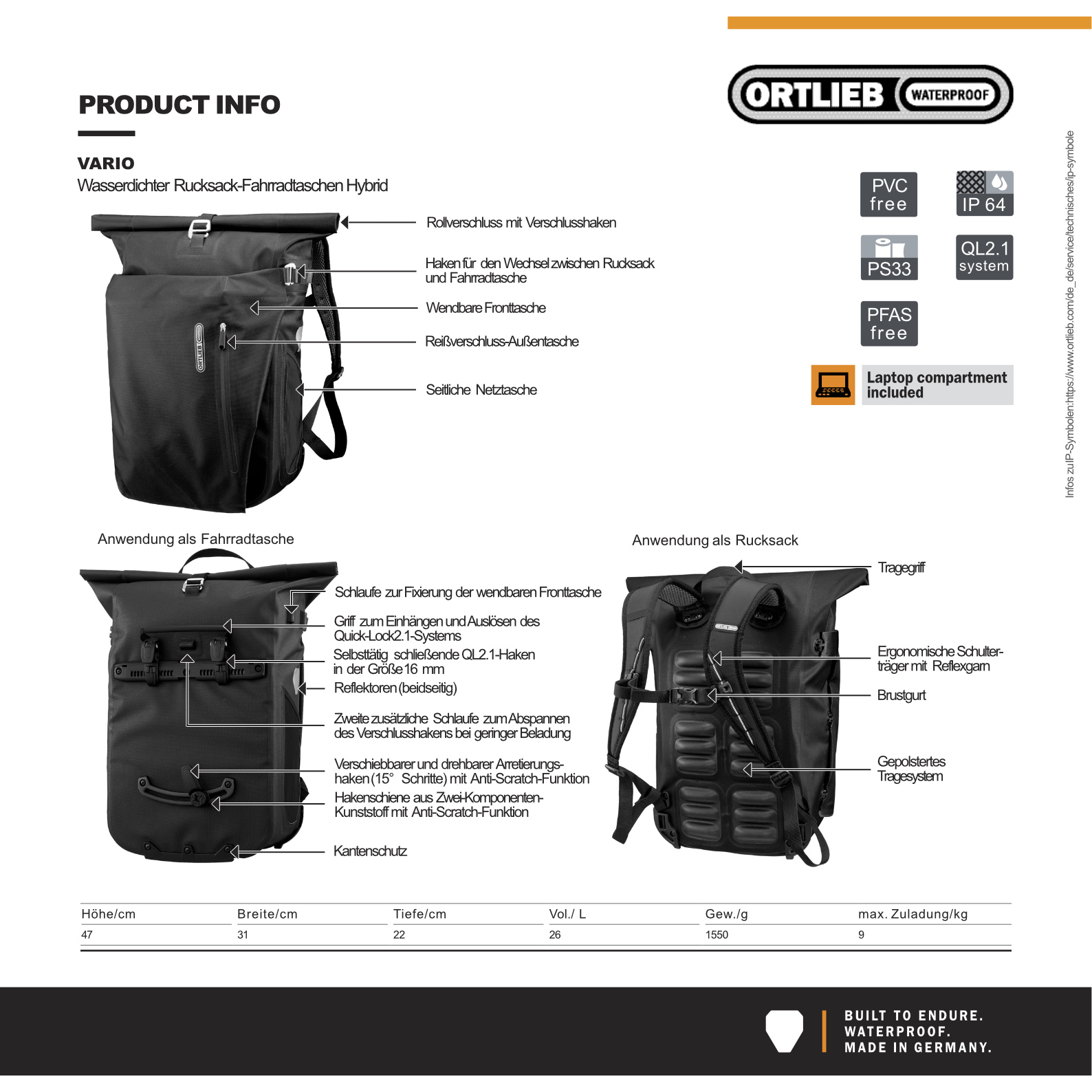 Ortlieb Vario Fahrrad-Packtasche/Rucksack schwarz