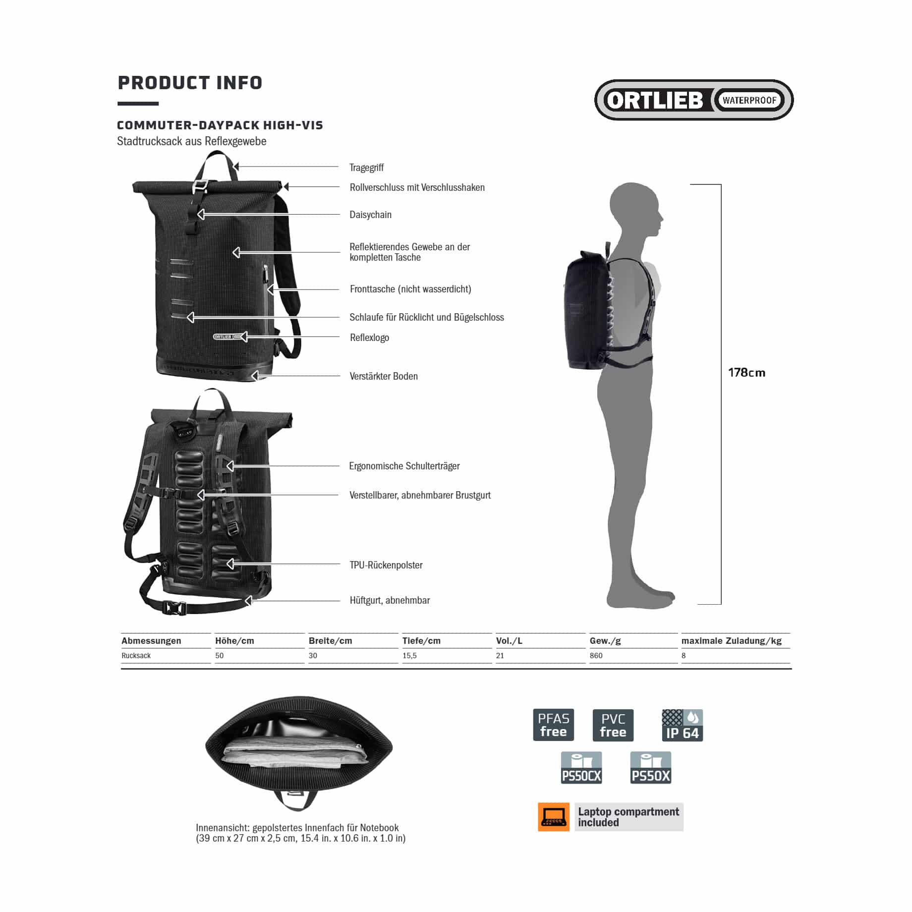 Ortlieb Commuter-Daypack High-Vis 21 l Freizeit-Rucksack schwarz